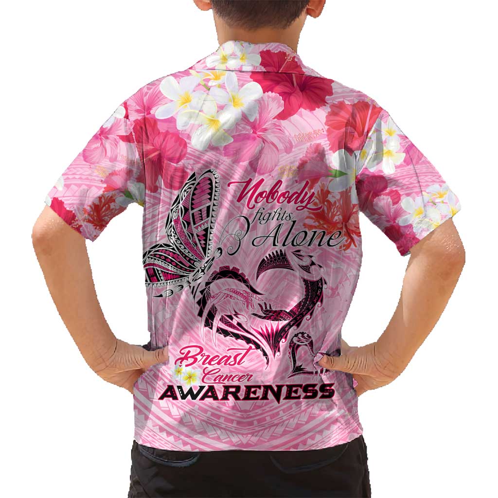 Butterfly Polynesia Breast Cancer Family Matching Puletasi and Hawaiian Shirt Nobody Fights Alone Pink Out Tropical Hibiscus