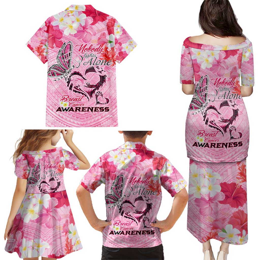 Butterfly Polynesia Breast Cancer Family Matching Puletasi and Hawaiian Shirt Nobody Fights Alone Pink Out Tropical Hibiscus
