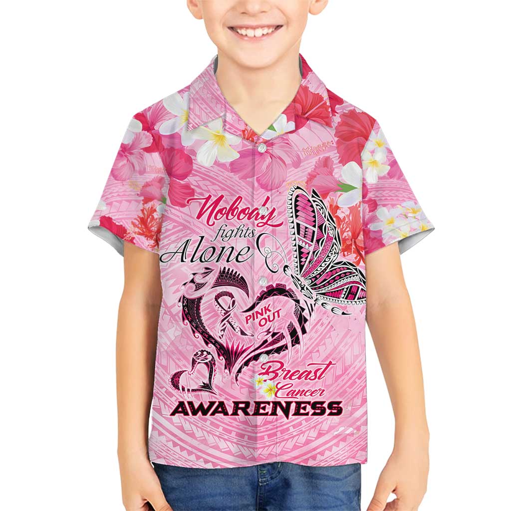 Butterfly Polynesia Breast Cancer Family Matching Puletasi and Hawaiian Shirt Nobody Fights Alone Pink Out Tropical Hibiscus