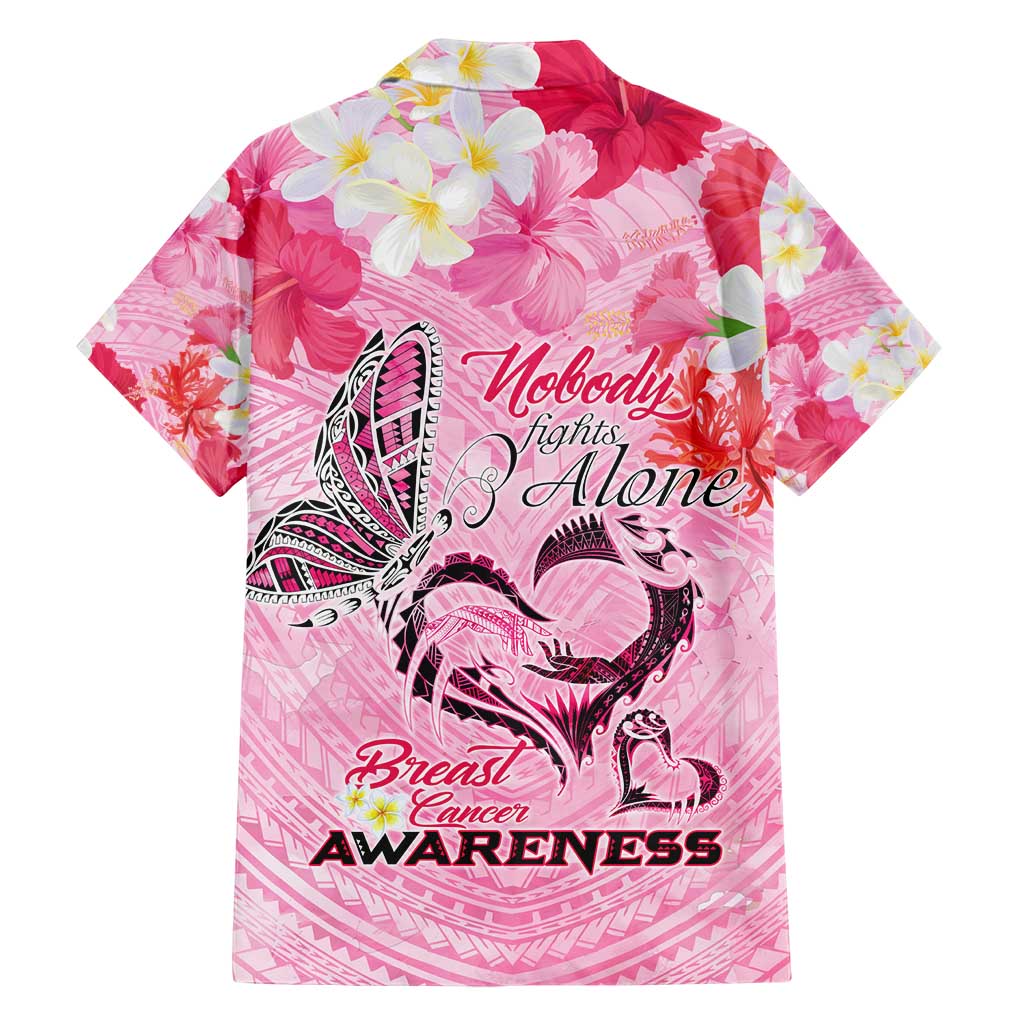 Butterfly Polynesia Breast Cancer Hawaiian Shirt Nobody Fights Alone Pink Out Tropical Hibiscus