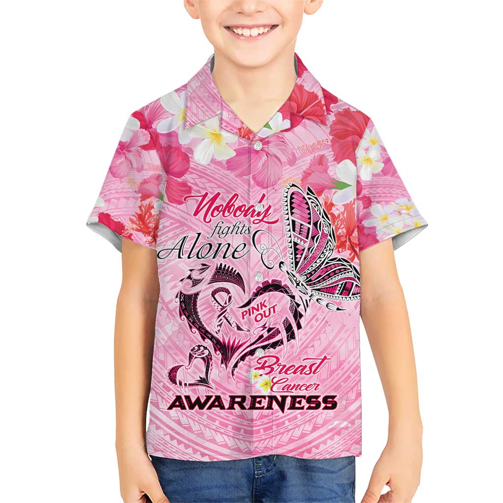 Butterfly Polynesia Breast Cancer Hawaiian Shirt Nobody Fights Alone Pink Out Tropical Hibiscus