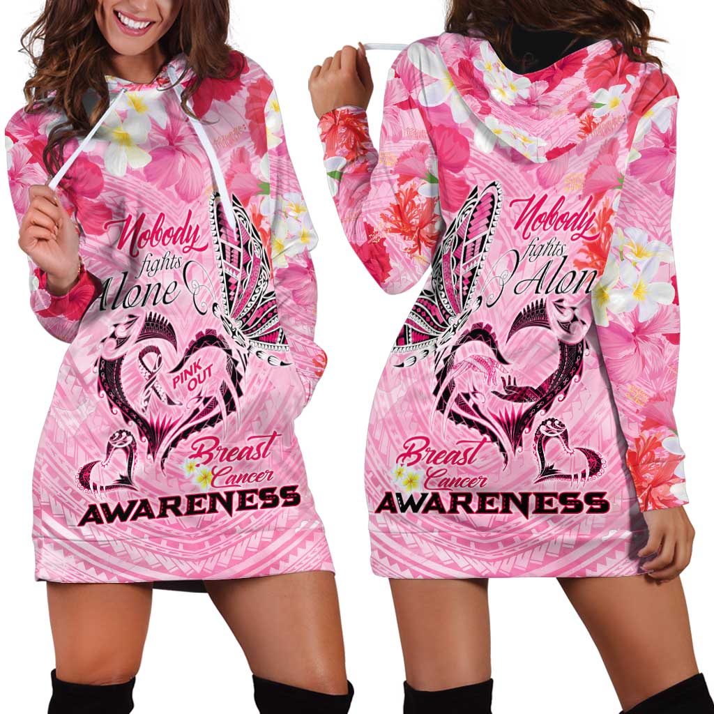 Butterfly Polynesia Breast Cancer Hoodie Dress Nobody Fights Alone Pink Out Tropical Hibiscus