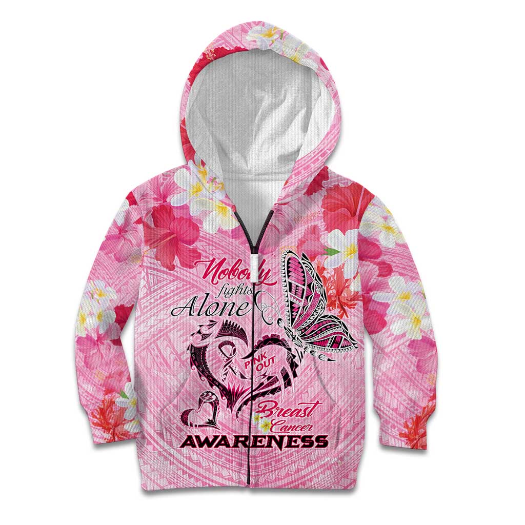Butterfly Polynesia Breast Cancer Kid Hoodie Nobody Fights Alone Pink Out Tropical Hibiscus