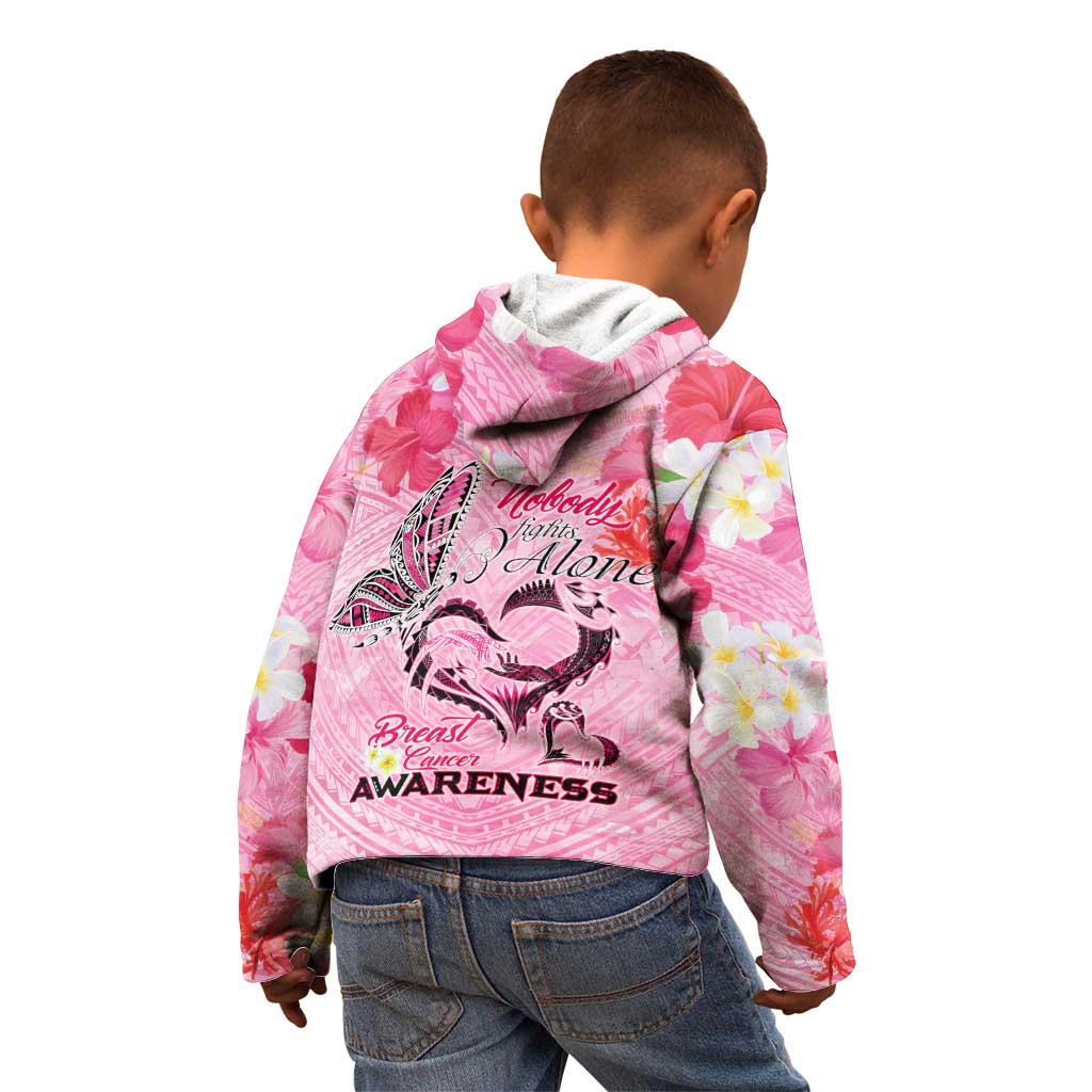 Butterfly Polynesia Breast Cancer Kid Hoodie Nobody Fights Alone Pink Out Tropical Hibiscus