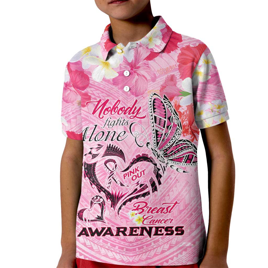 Butterfly Polynesia Breast Cancer Kid Polo Shirt Nobody Fights Alone Pink Out Tropical Hibiscus DT02 Kid Pink - Polynesian Pride
