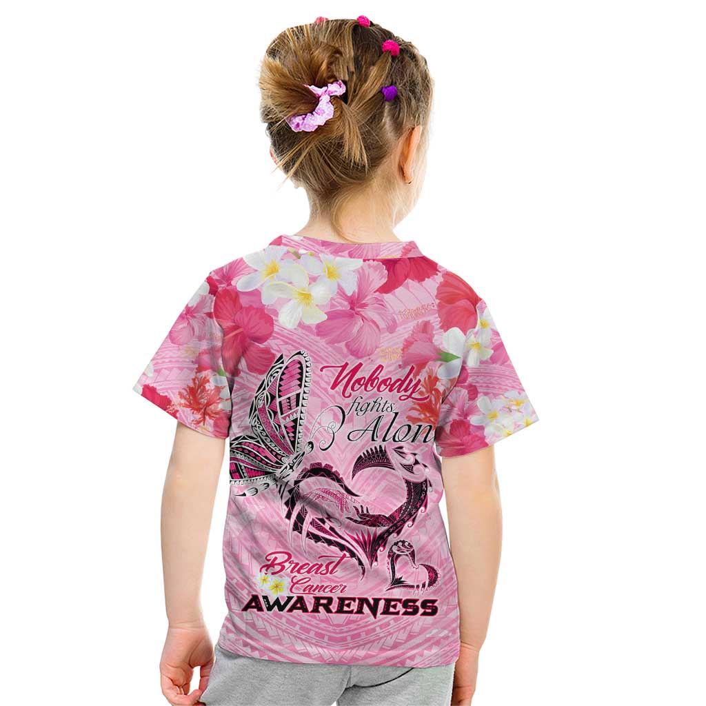 Butterfly Polynesia Breast Cancer Kid T Shirt Nobody Fights Alone Pink Out Tropical Hibiscus