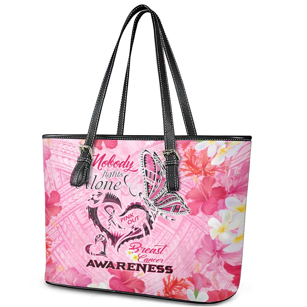 Butterfly Polynesia Breast Cancer Leather Tote Bag Nobody Fights Alone Pink Out Tropical Hibiscus