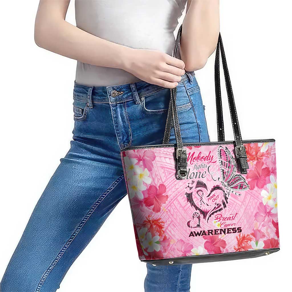 Butterfly Polynesia Breast Cancer Leather Tote Bag Nobody Fights Alone Pink Out Tropical Hibiscus