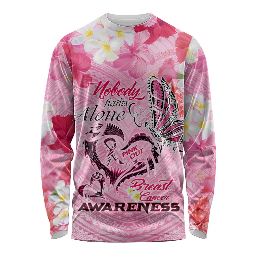 Butterfly Polynesia Breast Cancer Long Sleeve Shirt Nobody Fights Alone Pink Out Tropical Hibiscus
