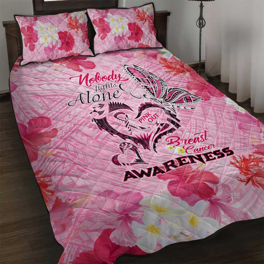 Butterfly Polynesia Breast Cancer Quilt Bed Set Nobody Fights Alone Pink Out Tropical Hibiscus