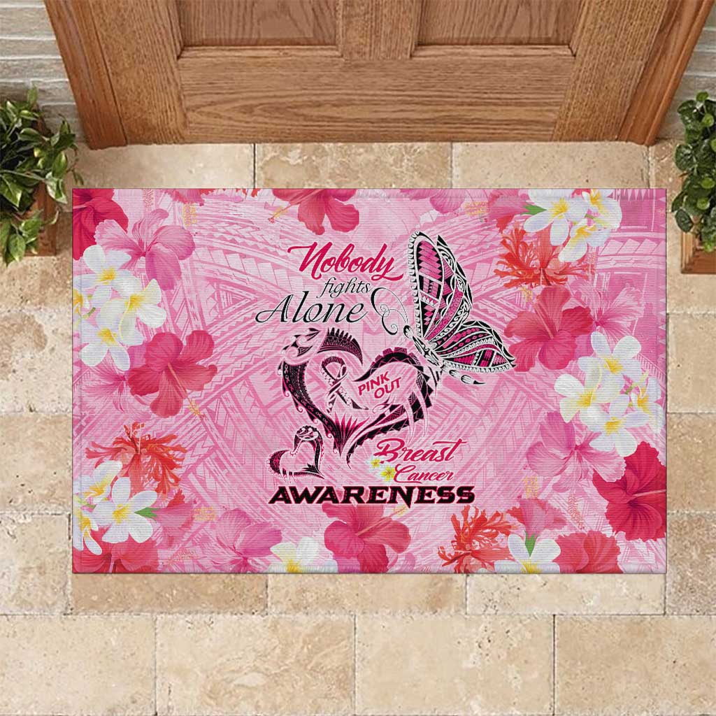 Butterfly Polynesia Breast Cancer Rubber Doormat Nobody Fights Alone Pink Out Tropical Hibiscus