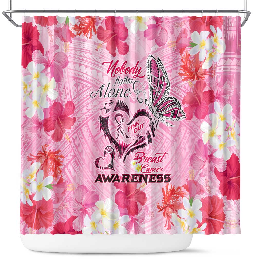 Butterfly Polynesia Breast Cancer Shower Curtain Nobody Fights Alone Pink Out Tropical Hibiscus DT02 Pink - Polynesian Pride