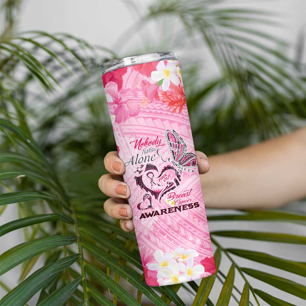 Butterfly Polynesia Breast Cancer Skinny Tumbler Nobody Fights Alone Pink Out Tropical Hibiscus