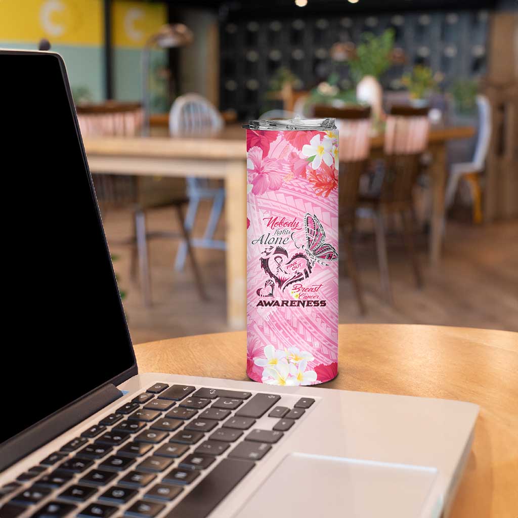 Butterfly Polynesia Breast Cancer Skinny Tumbler Nobody Fights Alone Pink Out Tropical Hibiscus