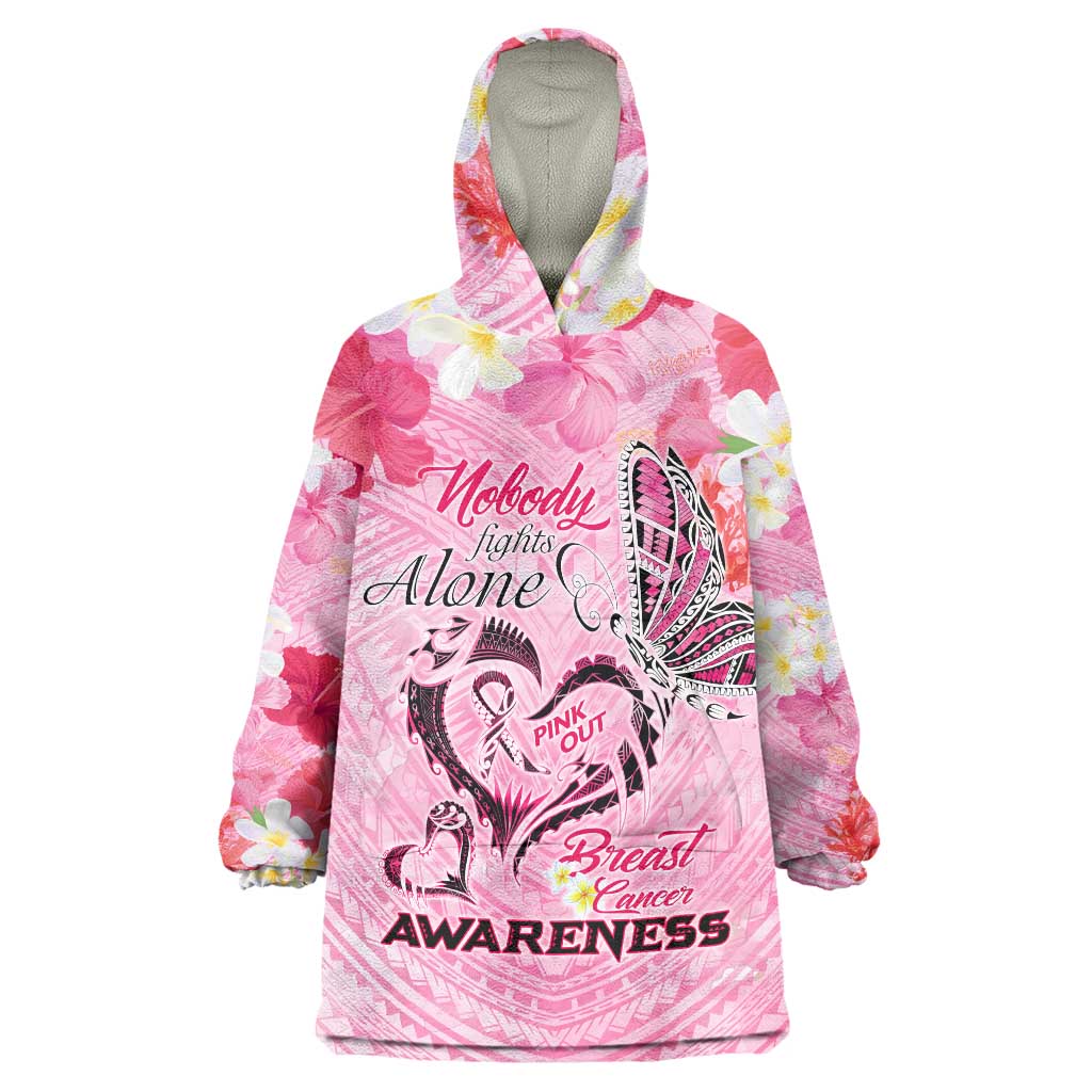 Butterfly Polynesia Breast Cancer Wearable Blanket Hoodie Nobody Fights Alone Pink Out Tropical Hibiscus DT02 One Size Pink - Polynesian Pride