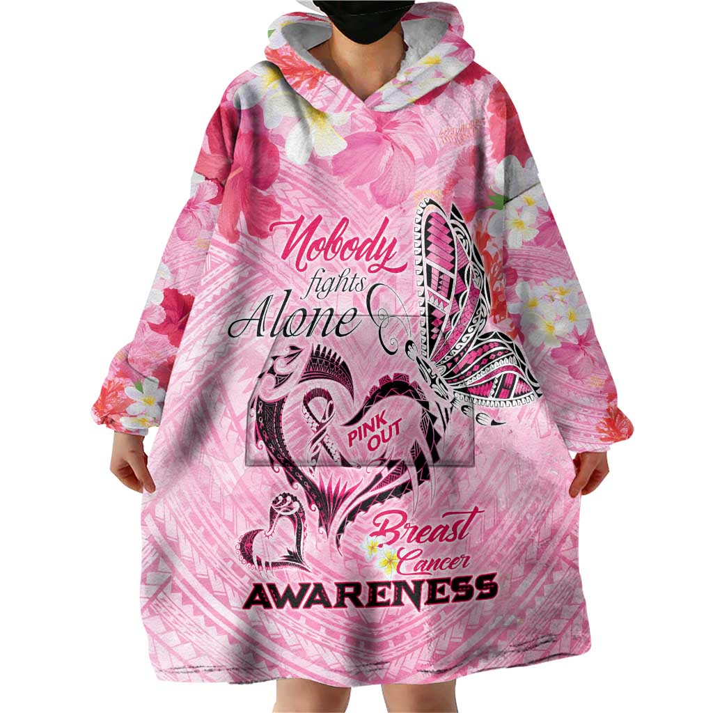 Butterfly Polynesia Breast Cancer Wearable Blanket Hoodie Nobody Fights Alone Pink Out Tropical Hibiscus