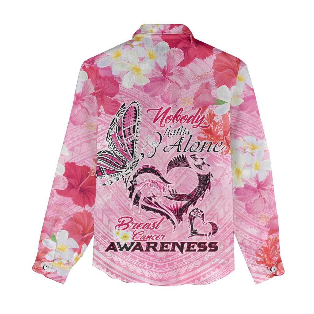 Butterfly Polynesia Breast Cancer Women Casual Shirt Nobody Fights Alone Pink Out Tropical Hibiscus