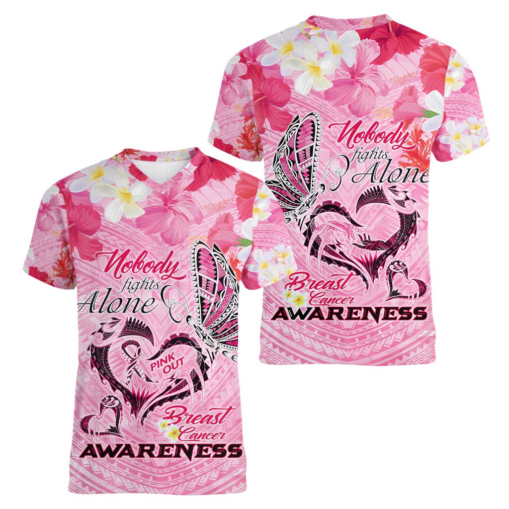 Butterfly Polynesia Breast Cancer Women V-Neck T-Shirt Nobody Fights Alone Pink Out Tropical Hibiscus