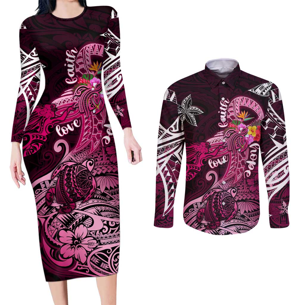 Breast Cancer Mermaid Polynesia Couples Matching Long Sleeve Bodycon Dress and Long Sleeve Button Shirt Faith Hope Love