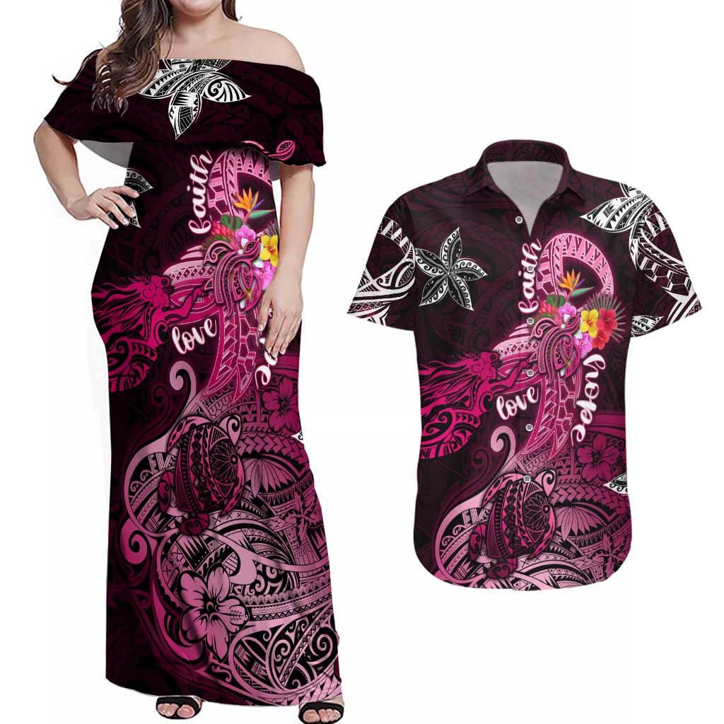 Breast Cancer Mermaid Polynesia Couples Matching Off Shoulder Maxi Dress and Hawaiian Shirt Faith Hope Love