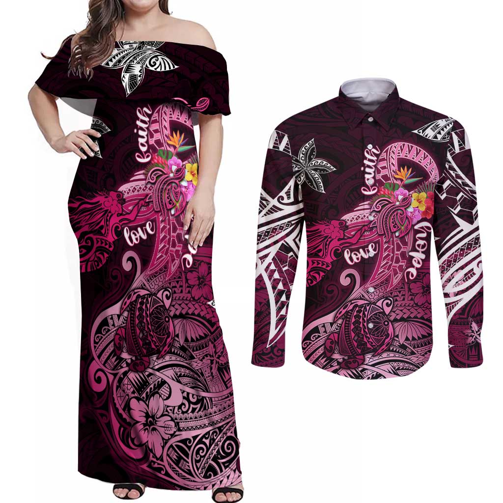 Breast Cancer Mermaid Polynesia Couples Matching Off Shoulder Maxi Dress and Long Sleeve Button Shirt Faith Hope Love