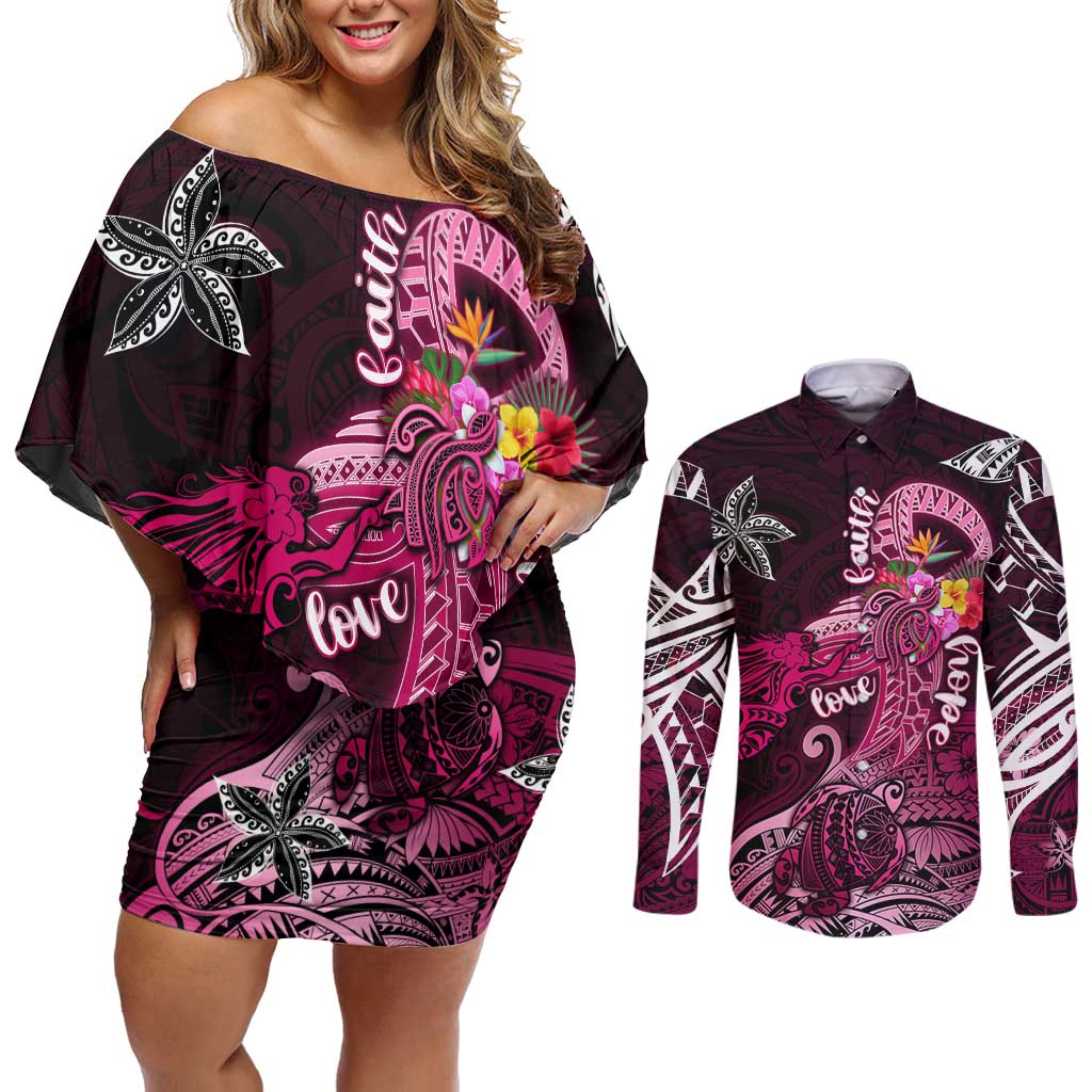 Breast Cancer Mermaid Polynesia Couples Matching Off Shoulder Short Dress and Long Sleeve Button Shirt Faith Hope Love