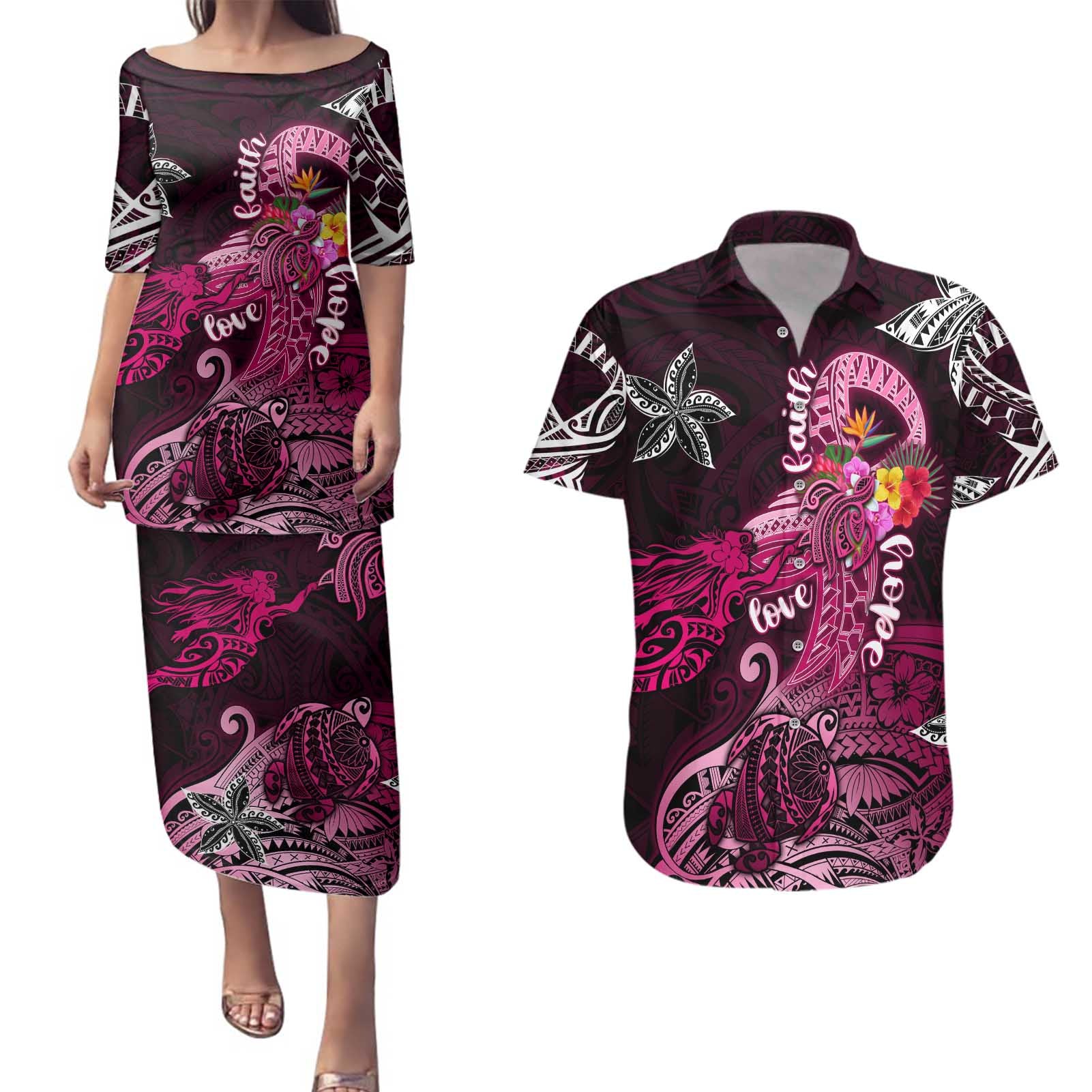 Breast Cancer Mermaid Polynesia Couples Matching Puletasi and Hawaiian Shirt Faith Hope Love