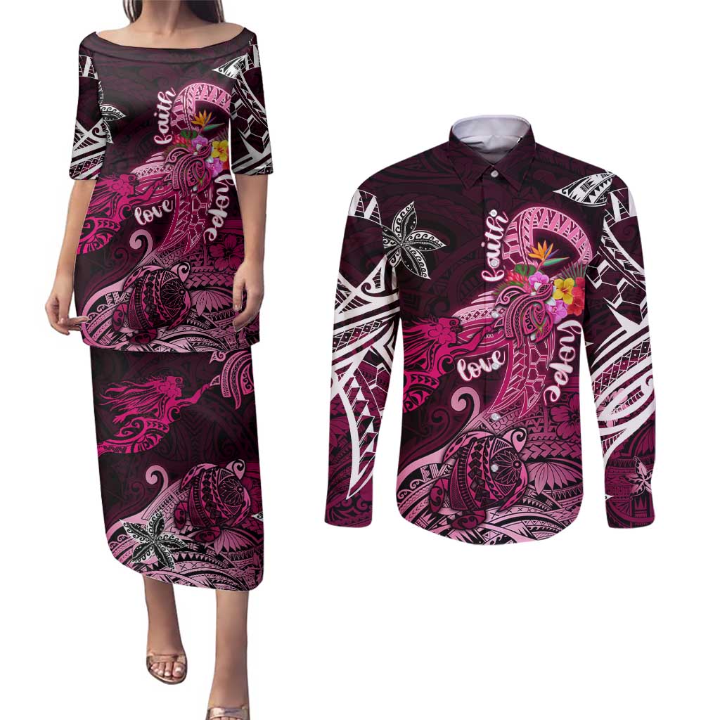 Breast Cancer Mermaid Polynesia Couples Matching Puletasi and Long Sleeve Button Shirt Faith Hope Love