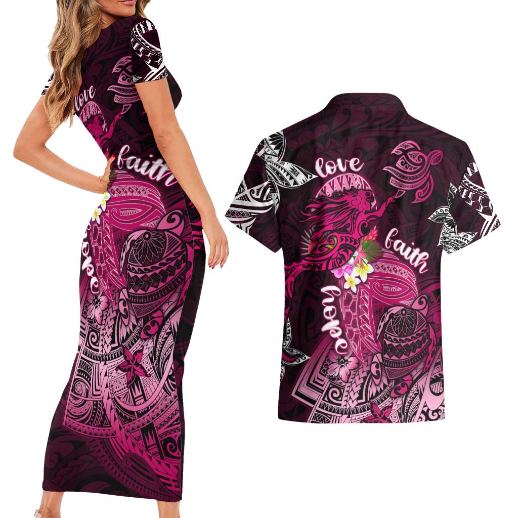 Breast Cancer Mermaid Polynesia Couples Matching Short Sleeve Bodycon Dress and Hawaiian Shirt Faith Hope Love