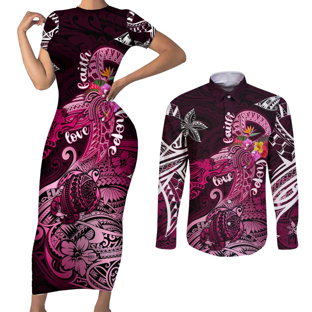 Breast Cancer Mermaid Polynesia Couples Matching Short Sleeve Bodycon Dress and Long Sleeve Button Shirt Faith Hope Love