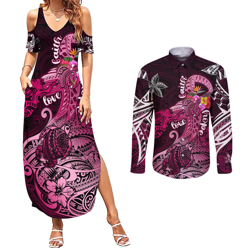 Breast Cancer Mermaid Polynesia Couples Matching Summer Maxi Dress and Long Sleeve Button Shirt Faith Hope Love