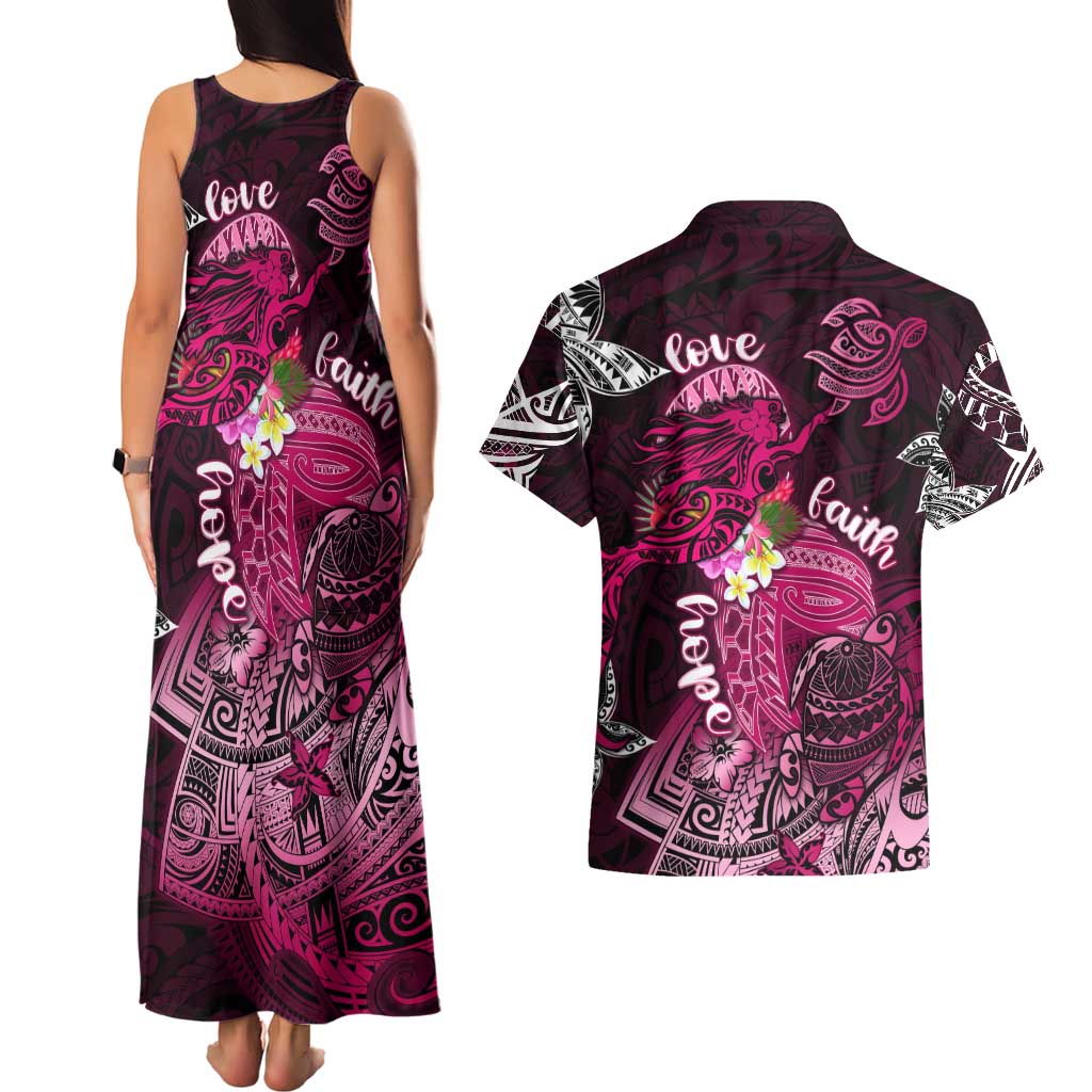 Breast Cancer Mermaid Polynesia Couples Matching Tank Maxi Dress and Hawaiian Shirt Faith Hope Love