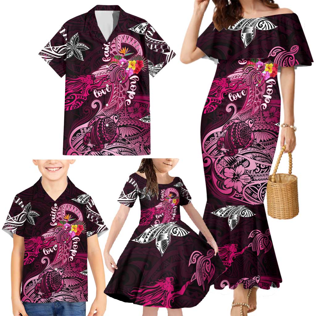 Breast Cancer Mermaid Polynesia Family Matching Mermaid Dress and Hawaiian Shirt Faith Hope Love