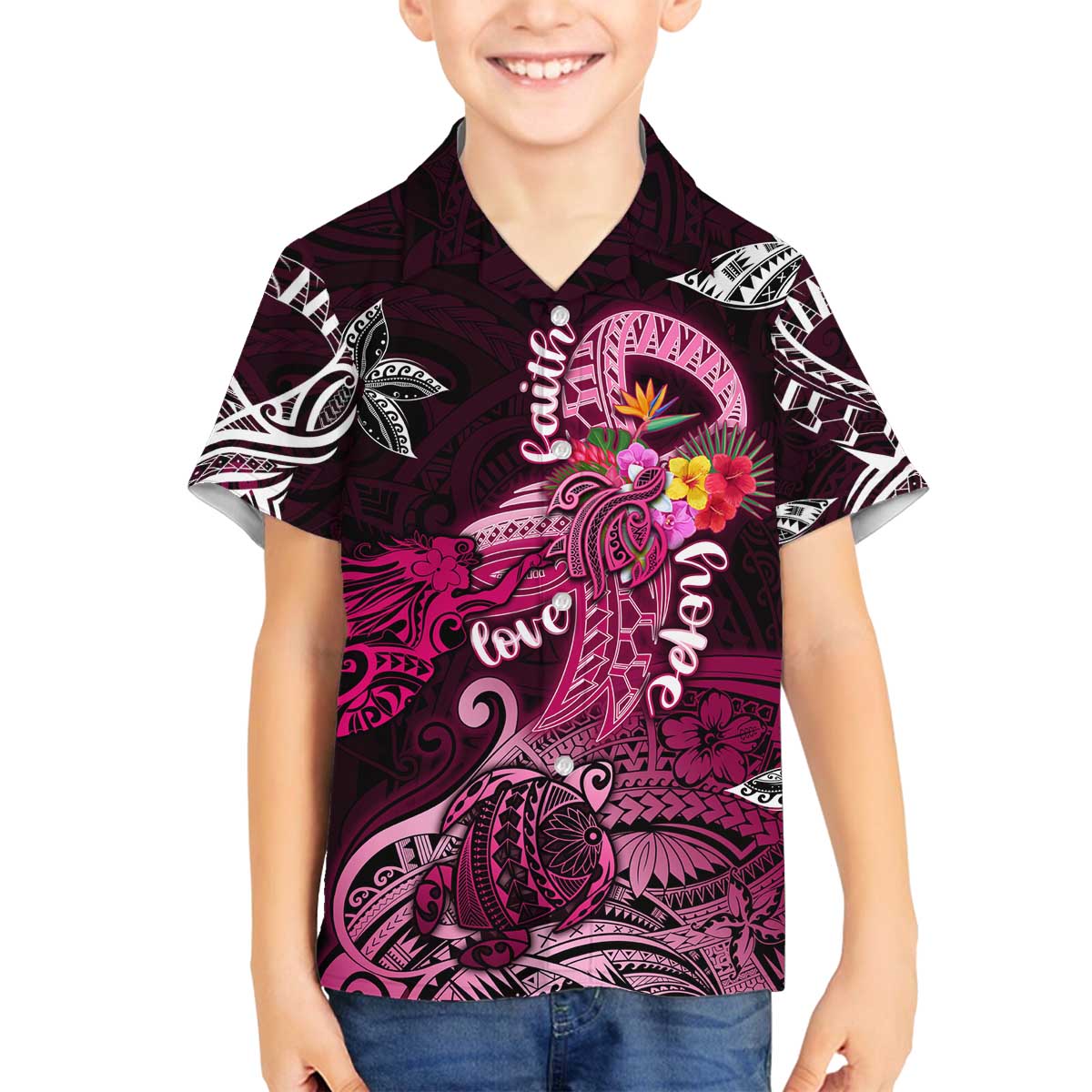 Breast Cancer Mermaid Polynesia Family Matching Off The Shoulder Long Sleeve Dress and Hawaiian Shirt Faith Hope Love