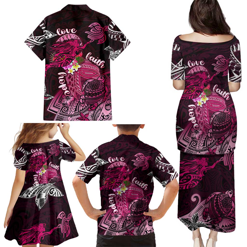 Breast Cancer Mermaid Polynesia Family Matching Puletasi and Hawaiian Shirt Faith Hope Love
