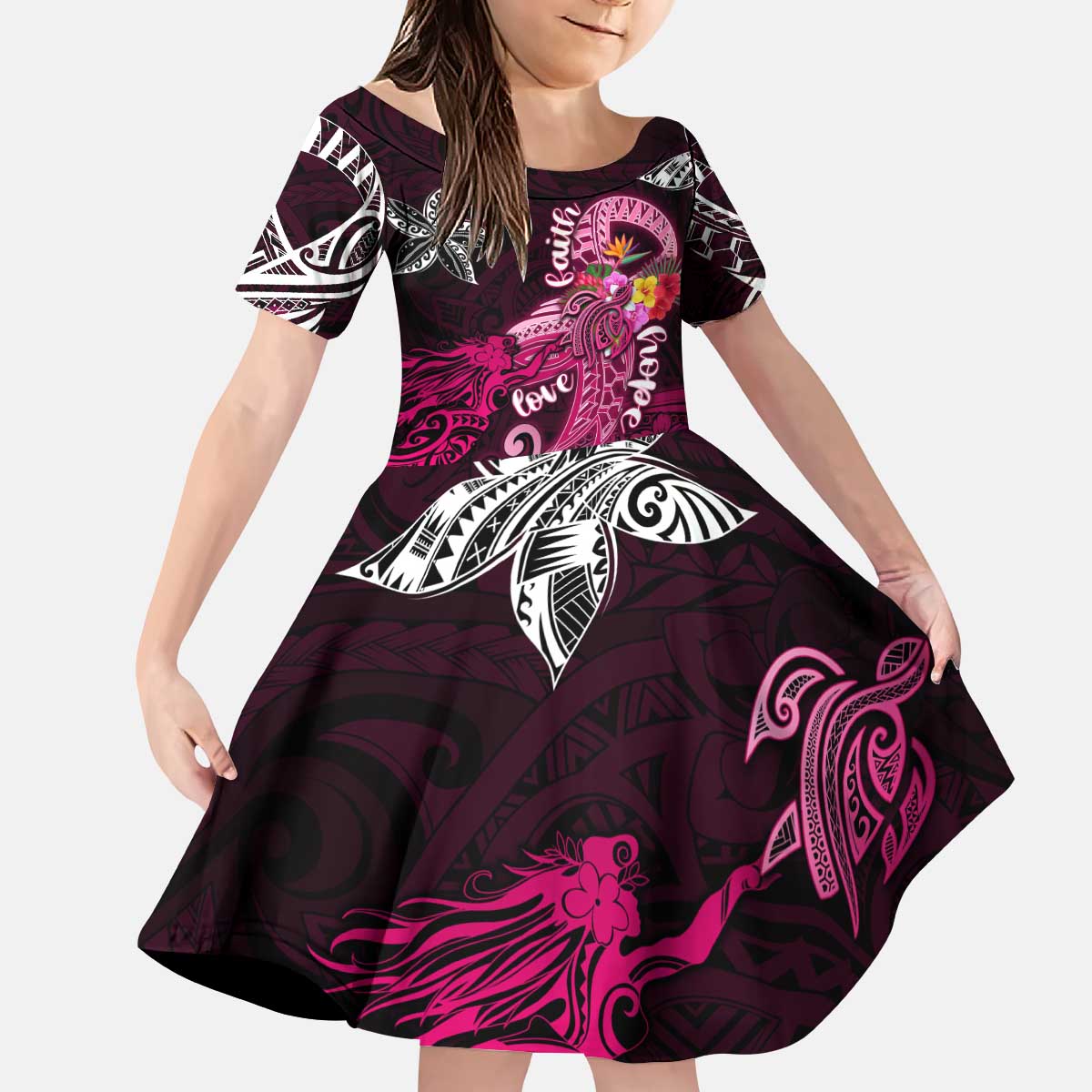 Breast Cancer Mermaid Polynesia Kid Short Sleeve Dress Faith Hope Love