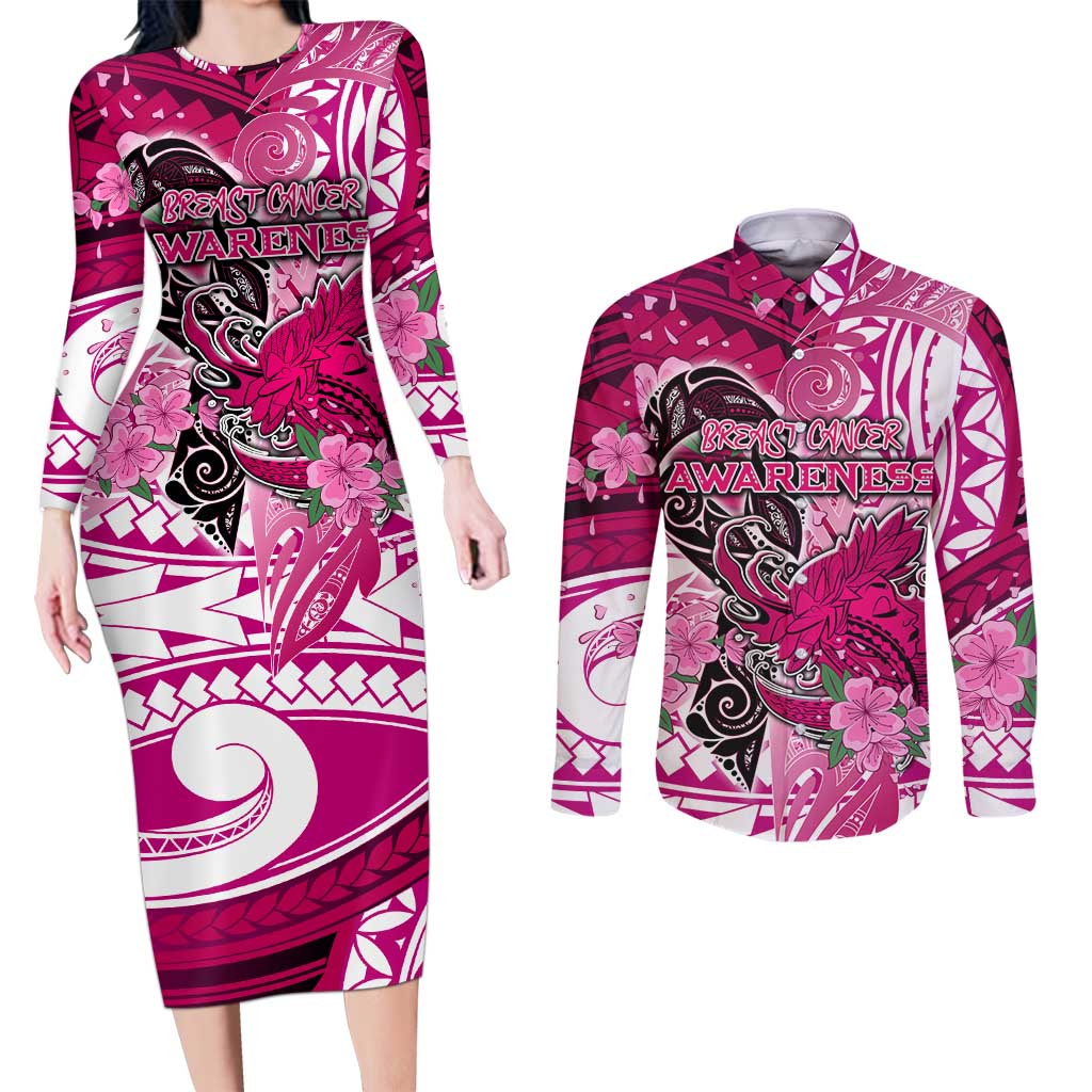 Breast Cancer Awareness Hawaii Couples Matching Long Sleeve Bodycon Dress and Long Sleeve Button Shirt Polynesia Girl Nobody Fights Alone DT02 Pink - Polynesian Pride