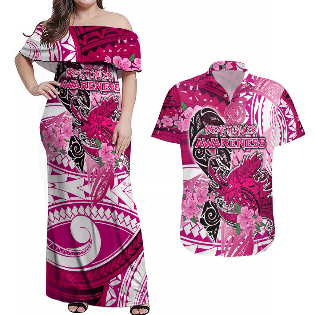 Breast Cancer Awareness Hawaii Couples Matching Off Shoulder Maxi Dress and Hawaiian Shirt Polynesia Girl Nobody Fights Alone