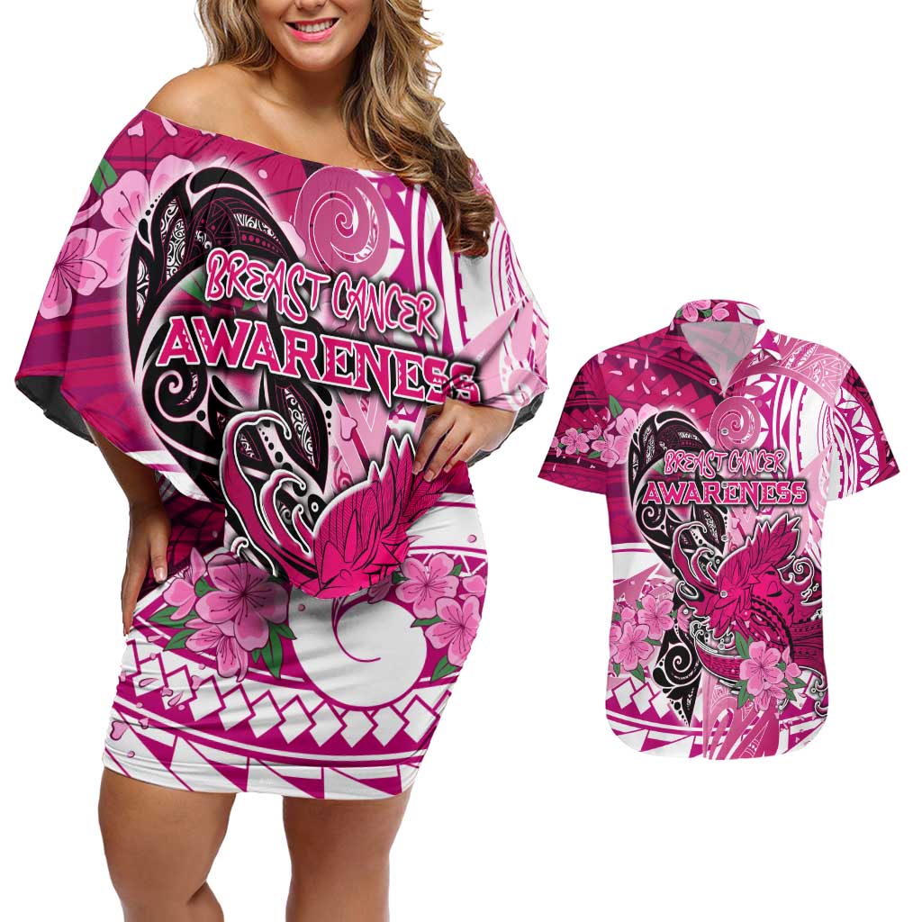 Breast Cancer Awareness Hawaii Couples Matching Off Shoulder Short Dress and Hawaiian Shirt Polynesia Girl Nobody Fights Alone