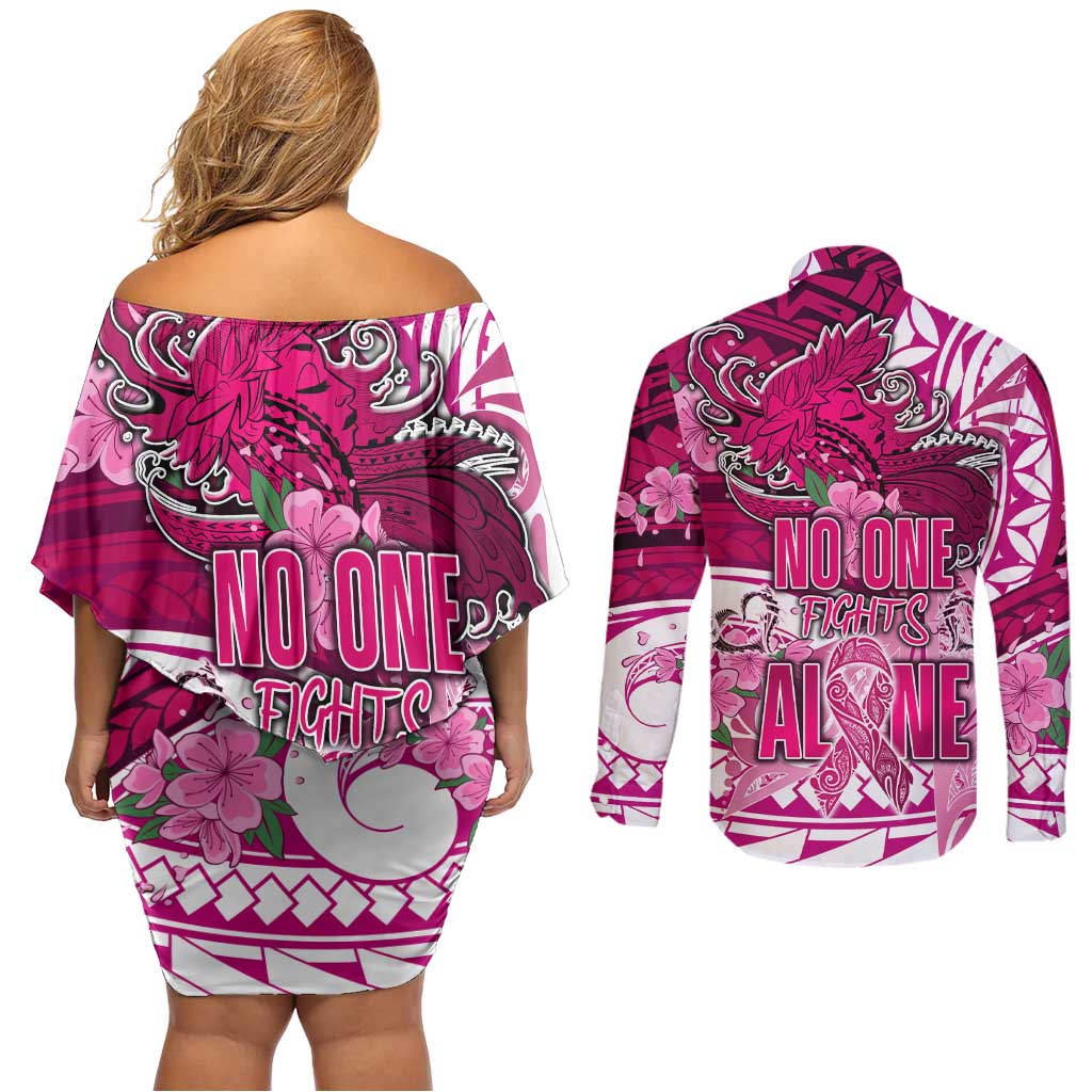 Breast Cancer Awareness Hawaii Couples Matching Off Shoulder Short Dress and Long Sleeve Button Shirt Polynesia Girl Nobody Fights Alone