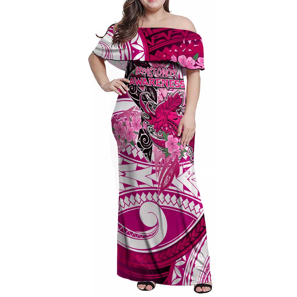 Breast Cancer Awareness Hawaii Family Matching Off Shoulder Maxi Dress and Hawaiian Shirt Polynesia Girl Nobody Fights Alone