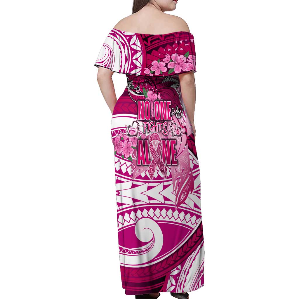 Breast Cancer Awareness Hawaii Family Matching Off Shoulder Maxi Dress and Hawaiian Shirt Polynesia Girl Nobody Fights Alone