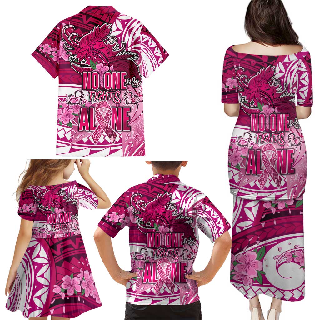 Breast Cancer Awareness Hawaii Family Matching Puletasi and Hawaiian Shirt Polynesia Girl Nobody Fights Alone