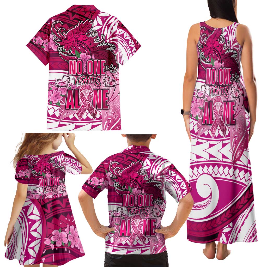 Breast Cancer Awareness Hawaii Family Matching Tank Maxi Dress and Hawaiian Shirt Polynesia Girl Nobody Fights Alone