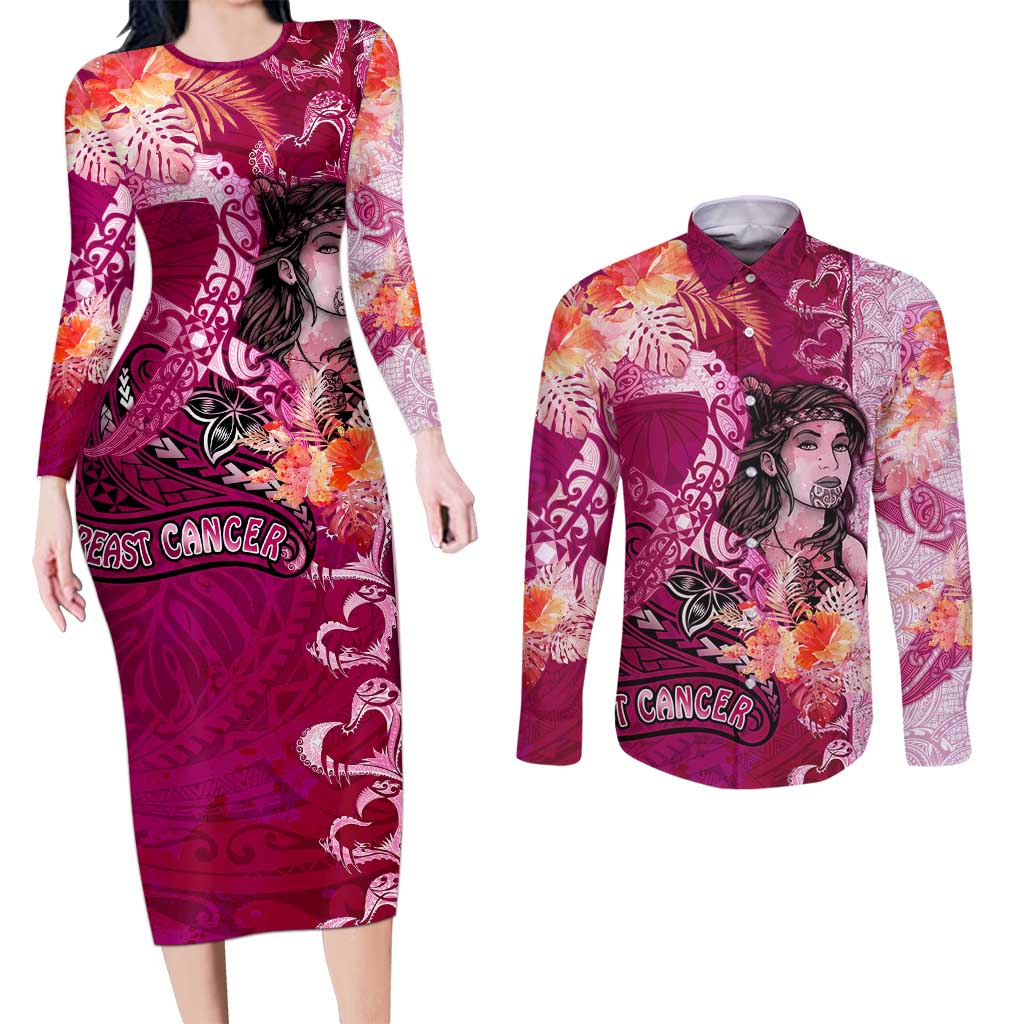 Breast Cancer New Zealand Couples Matching Long Sleeve Bodycon Dress and Long Sleeve Button Shirt Maori Aotearoa Girl Pink Out
