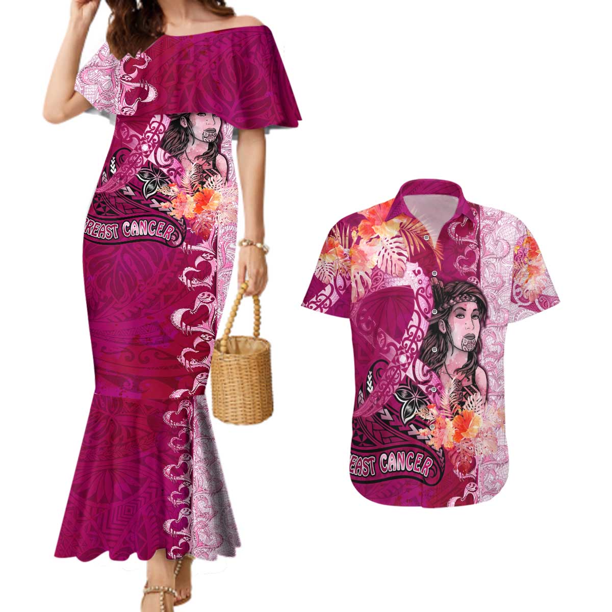 Breast Cancer New Zealand Couples Matching Mermaid Dress and Hawaiian Shirt Maori Aotearoa Girl Pink Out