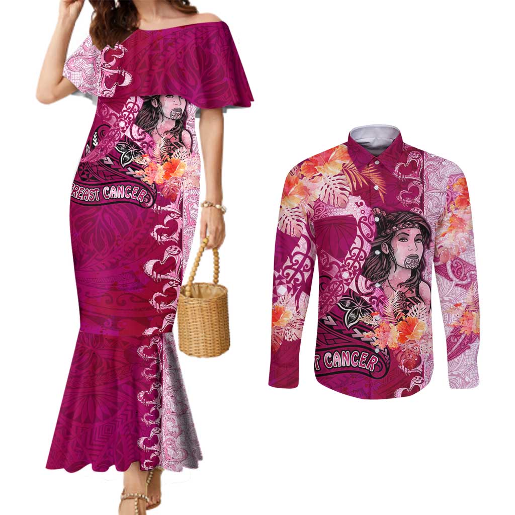 Breast Cancer New Zealand Couples Matching Mermaid Dress and Long Sleeve Button Shirt Maori Aotearoa Girl Pink Out