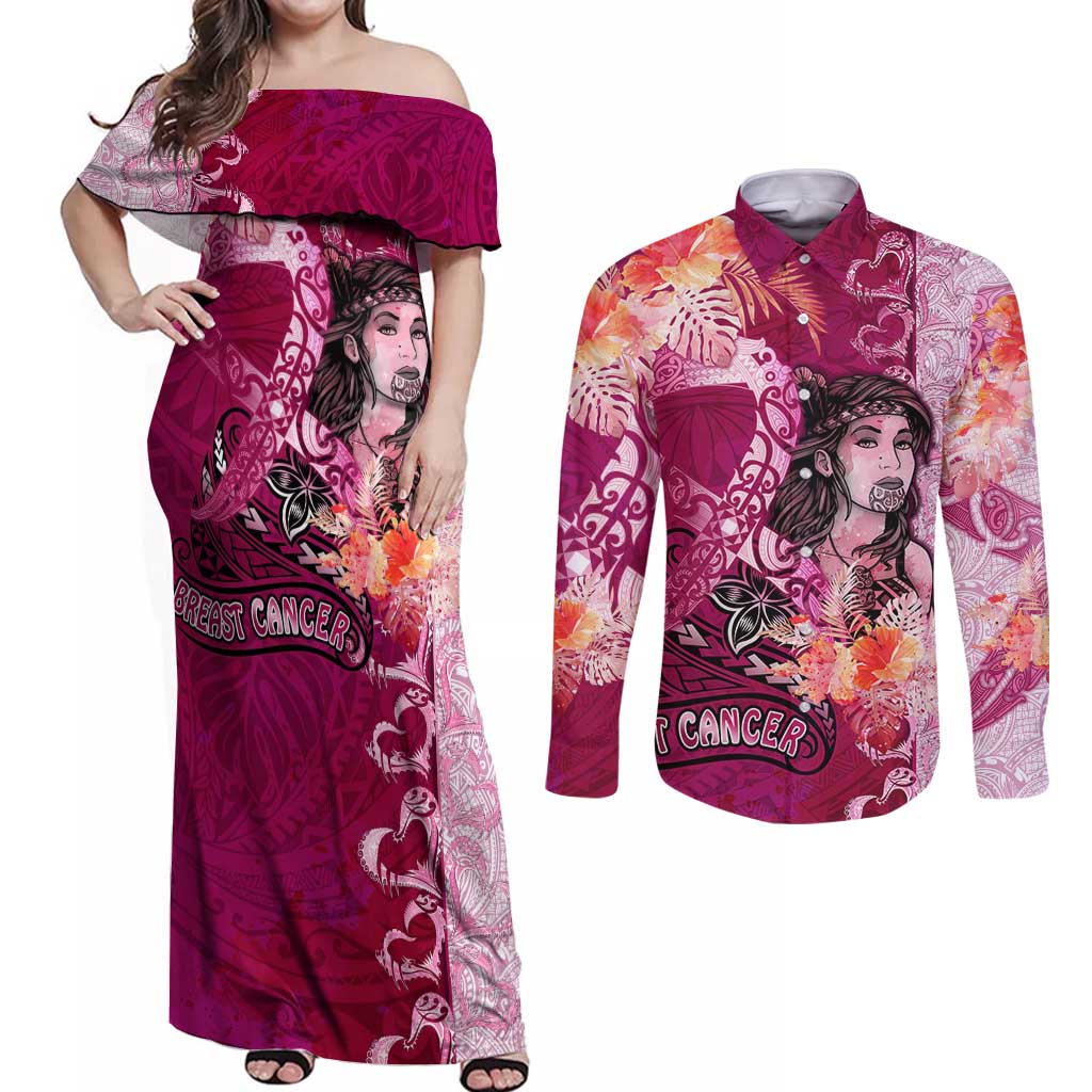 Breast Cancer New Zealand Couples Matching Off Shoulder Maxi Dress and Long Sleeve Button Shirt Maori Aotearoa Girl Pink Out