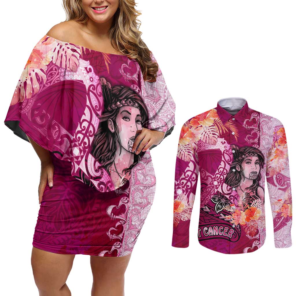 Breast Cancer New Zealand Couples Matching Off Shoulder Short Dress and Long Sleeve Button Shirt Maori Aotearoa Girl Pink Out