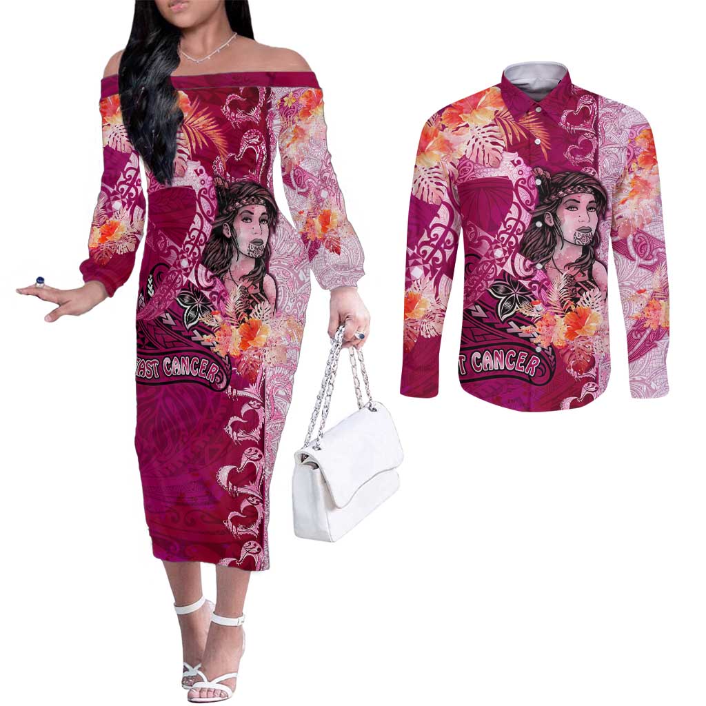 Breast Cancer New Zealand Couples Matching Off The Shoulder Long Sleeve Dress and Long Sleeve Button Shirt Maori Aotearoa Girl Pink Out